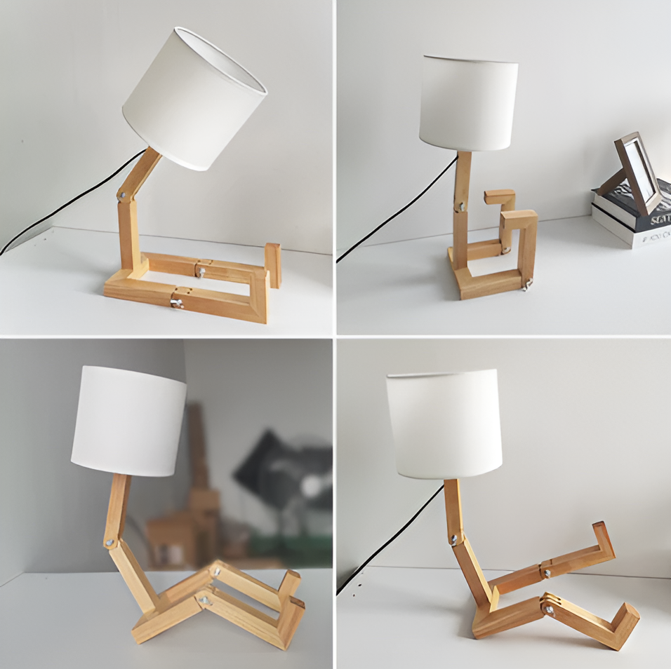 Flexible WoodMan Desk Lamp – Adjustable Solid Wood Robot Lamp with Book Holder