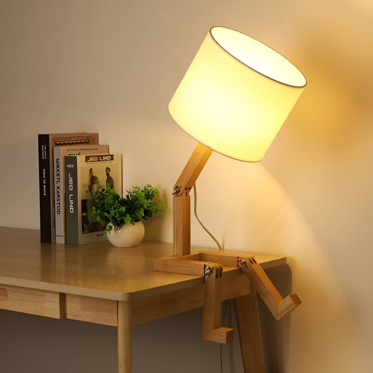 Flexible WoodMan Desk Lamp – Adjustable Solid Wood Robot Lamp with Book Holder