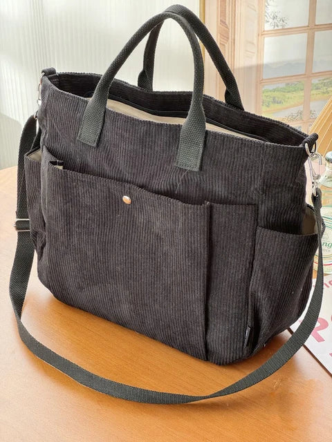 Cream Corduroy Shoulder Bag with Adjustable Strap