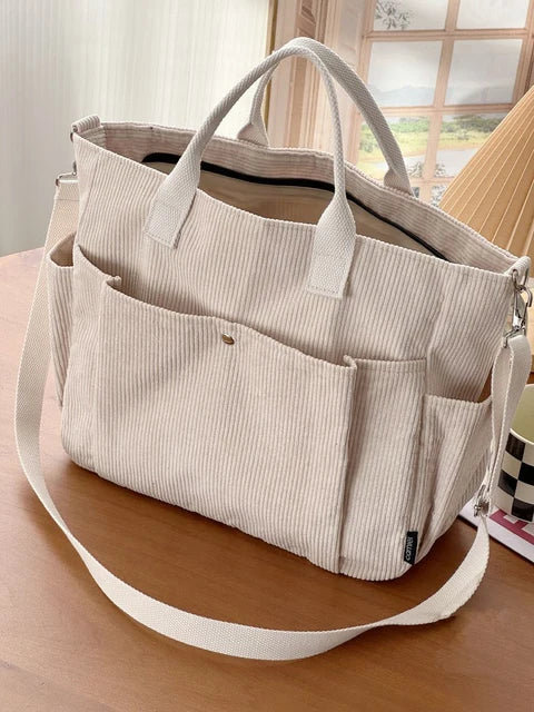 Cream Corduroy Shoulder Bag with Adjustable Strap