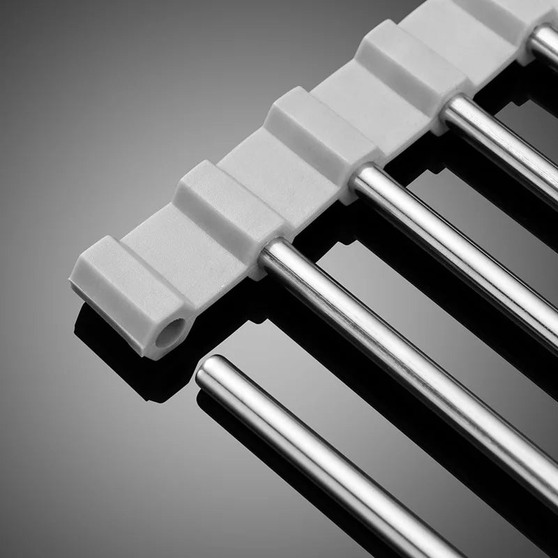Stainless Steel Foldable Dish Drying Rack – Space-Saving Kitchen Sink Rack Drainer with Filter Roll