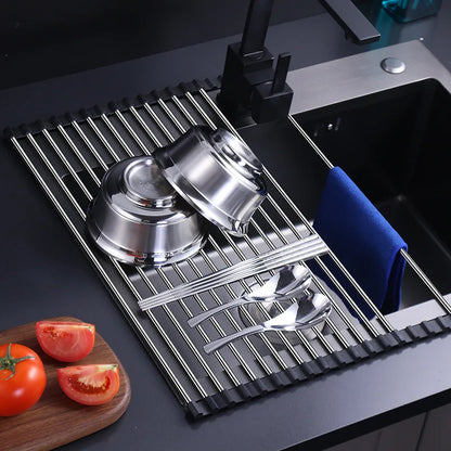 Stainless Steel Foldable Dish Drying Rack – Space-Saving Kitchen Sink Rack Drainer with Filter Roll