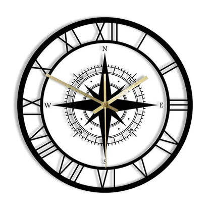 Decorative Silent Wall Clock with Acrylic Compass – Modern Nautical Design