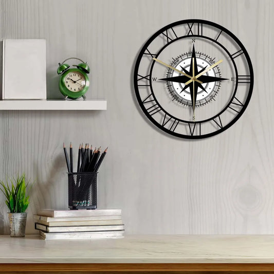 Decorative Silent Wall Clock with Acrylic Compass – Modern Nautical Design