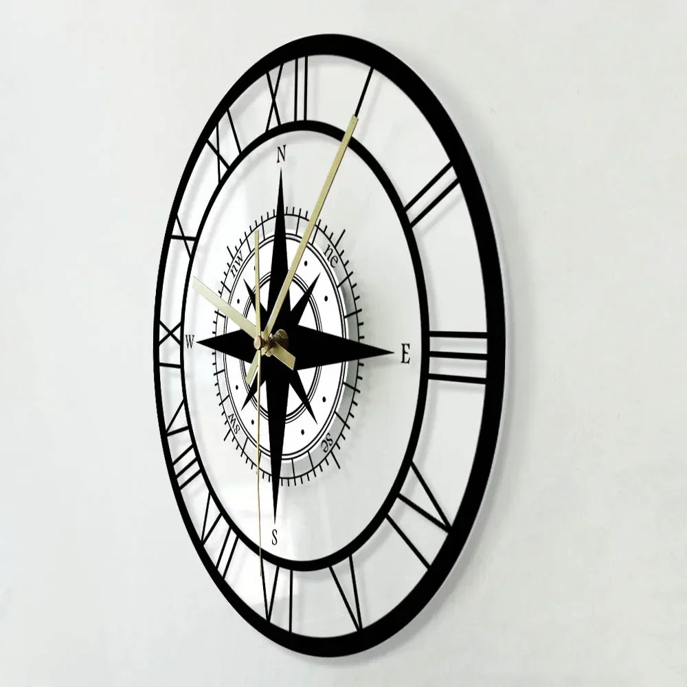 Decorative Silent Wall Clock with Acrylic Compass – Modern Nautical Design