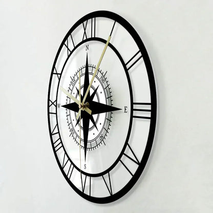 Decorative Silent Wall Clock with Acrylic Compass – Modern Nautical Design