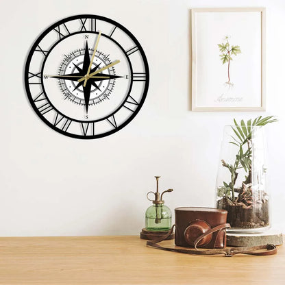 Decorative Silent Wall Clock with Acrylic Compass – Modern Nautical Design