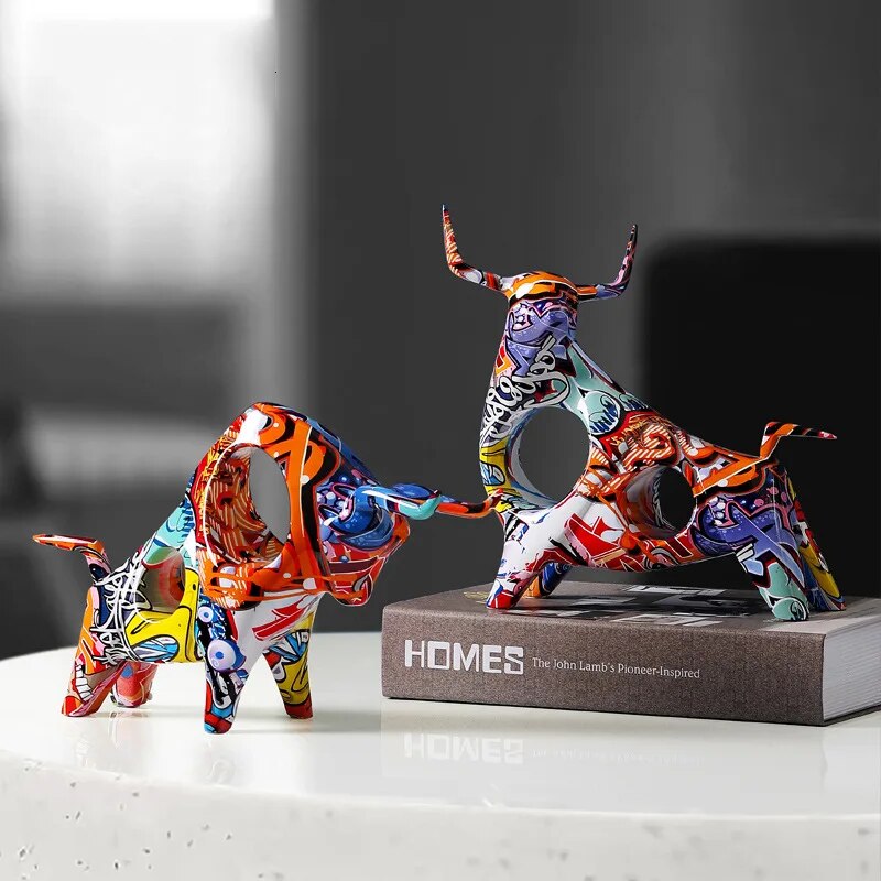 Colourful Bull Sculpture – Modern Resin Statue with Graffiti Art Design