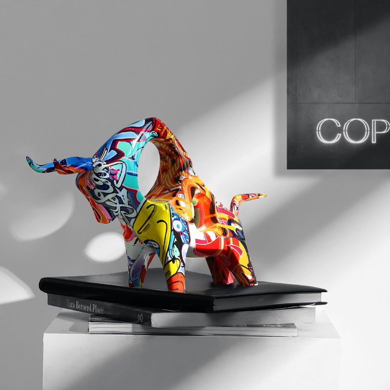 Colourful Bull Sculpture – Modern Resin Statue with Graffiti Art Design
