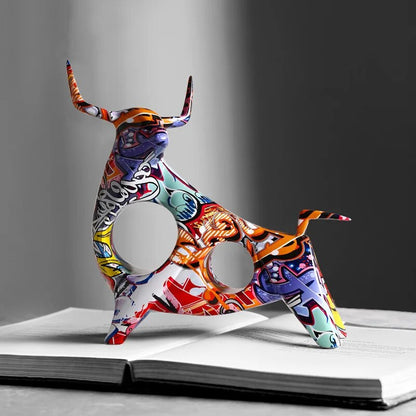 Colourful Bull Sculpture – Modern Resin Statue with Graffiti Art Design