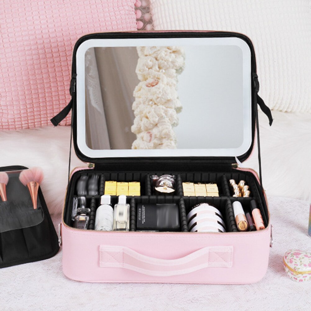 Portable Travel Makeup Case with LED Mirror & Adjustable Light