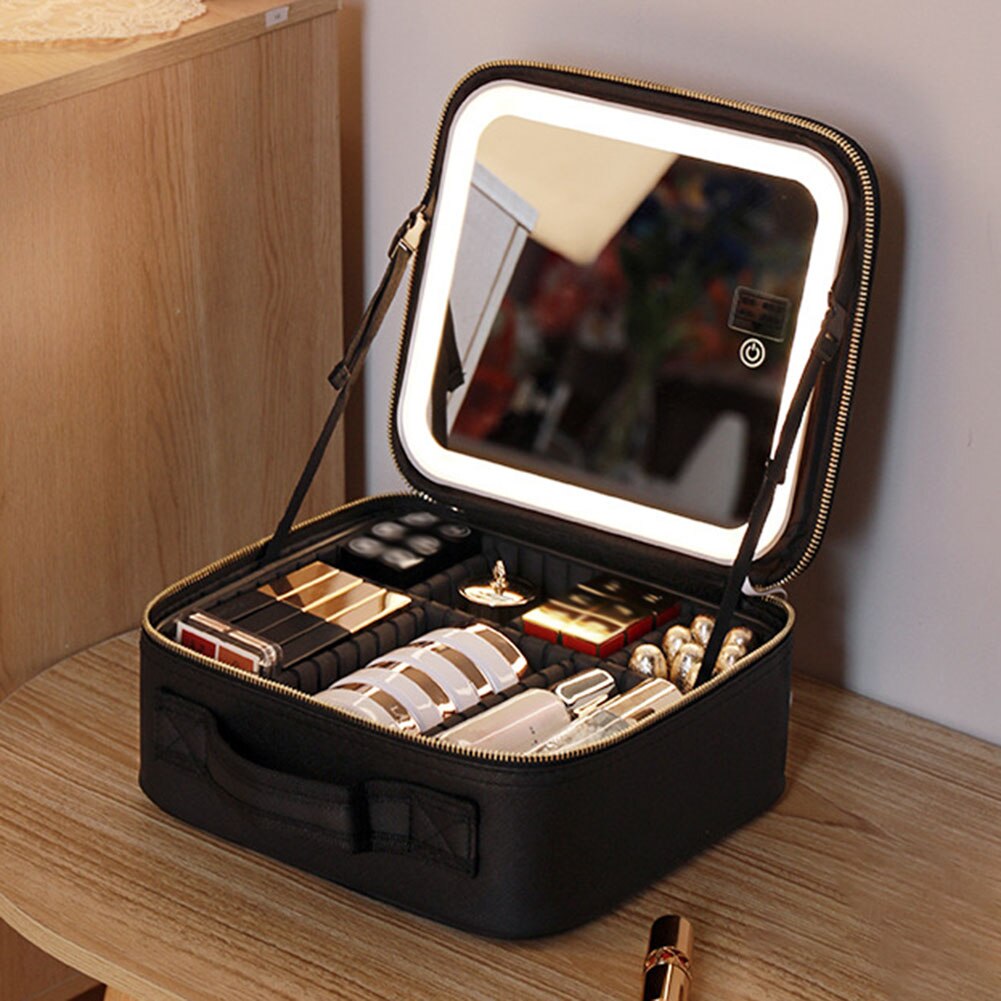 Portable Travel Makeup Case with LED Mirror & Adjustable Light