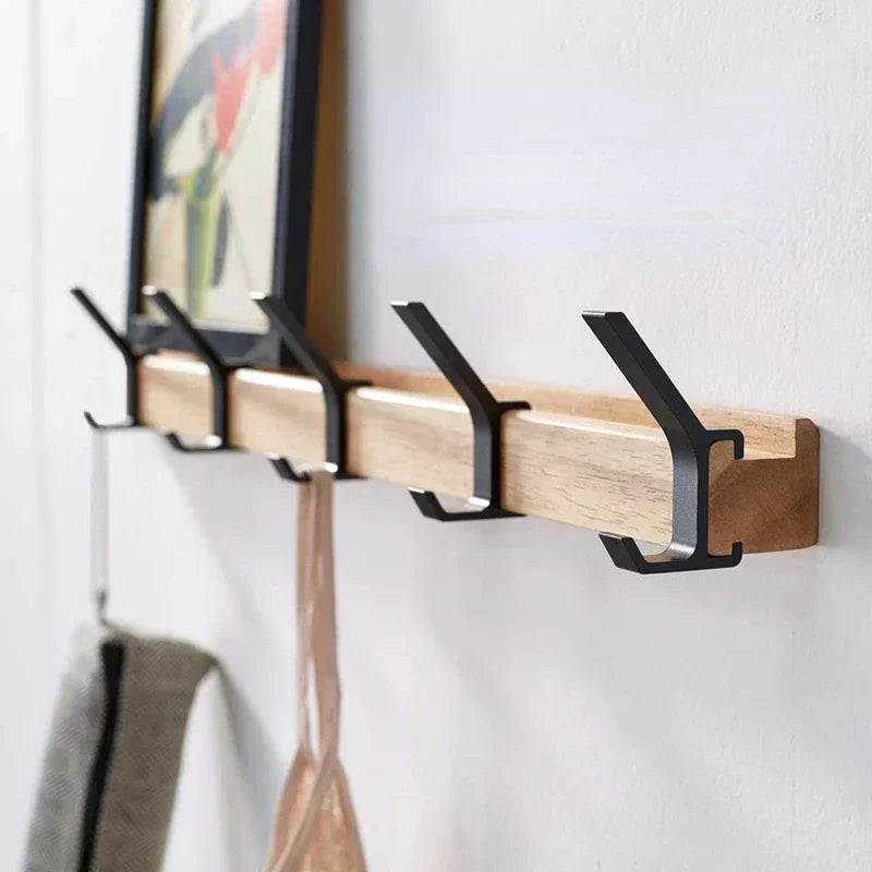 Wall-Mounted Coat Rack with Movable Double Hooks – Black Nordic Design – Wood & Aluminium – 40x7x7cm