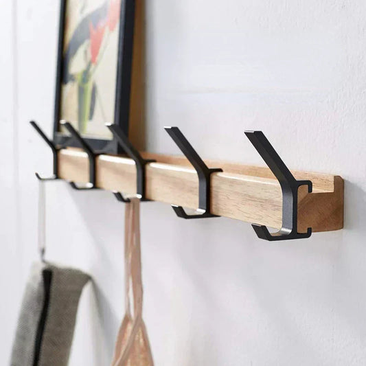 Wall-Mounted Coat Rack with Swivel Hooks – Scandinavian Wooden & Metal Design