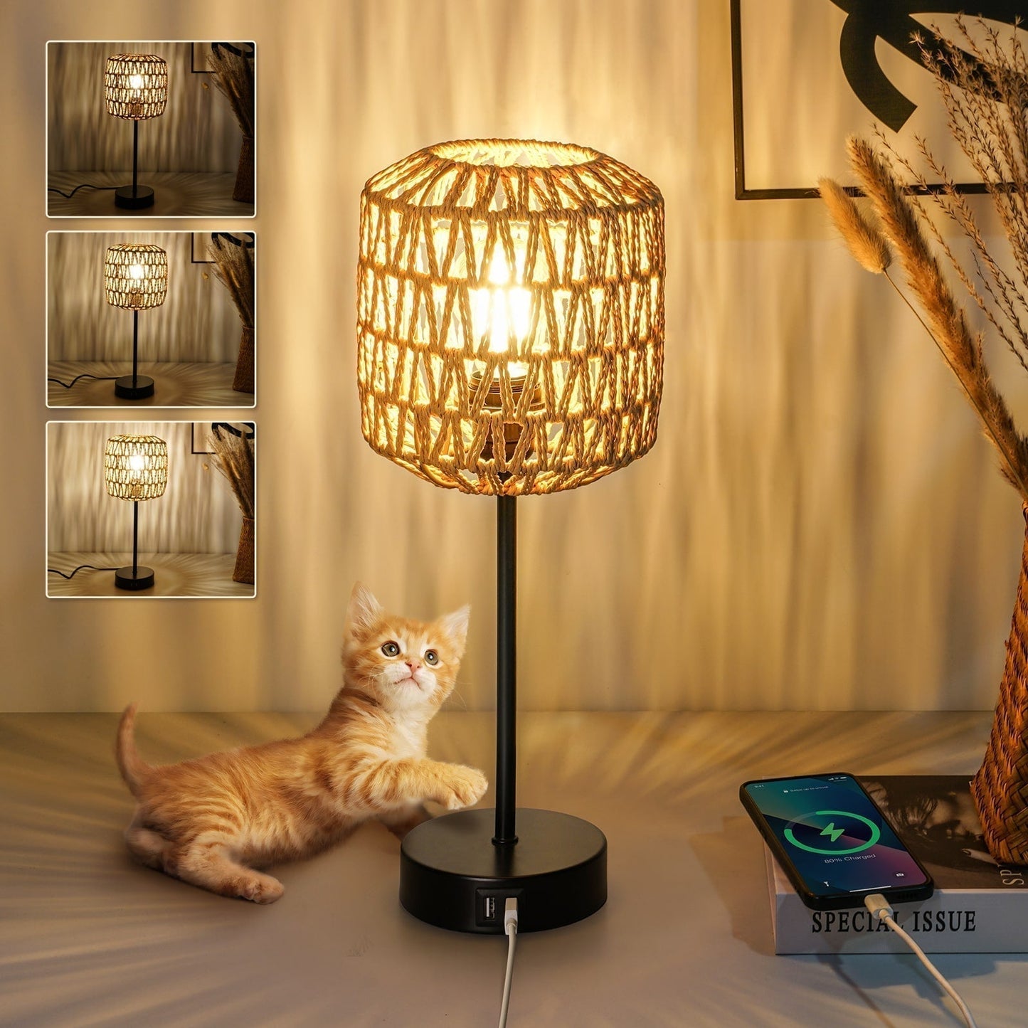 BohoBeam – 3-Way Dimmable Rattan Table Lamp with Touch Control & USB Port | Boho Chic Desk Light