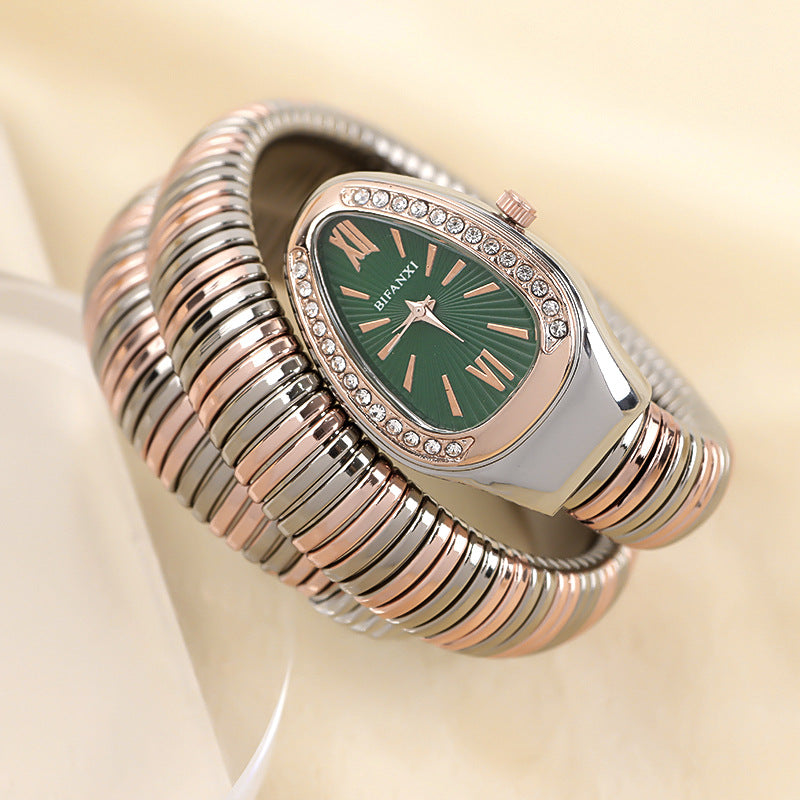 Elegant Snake-Style Quartz Watch with Stainless Steel Bracelet – Unique Oval Dial in Multiple Colours
