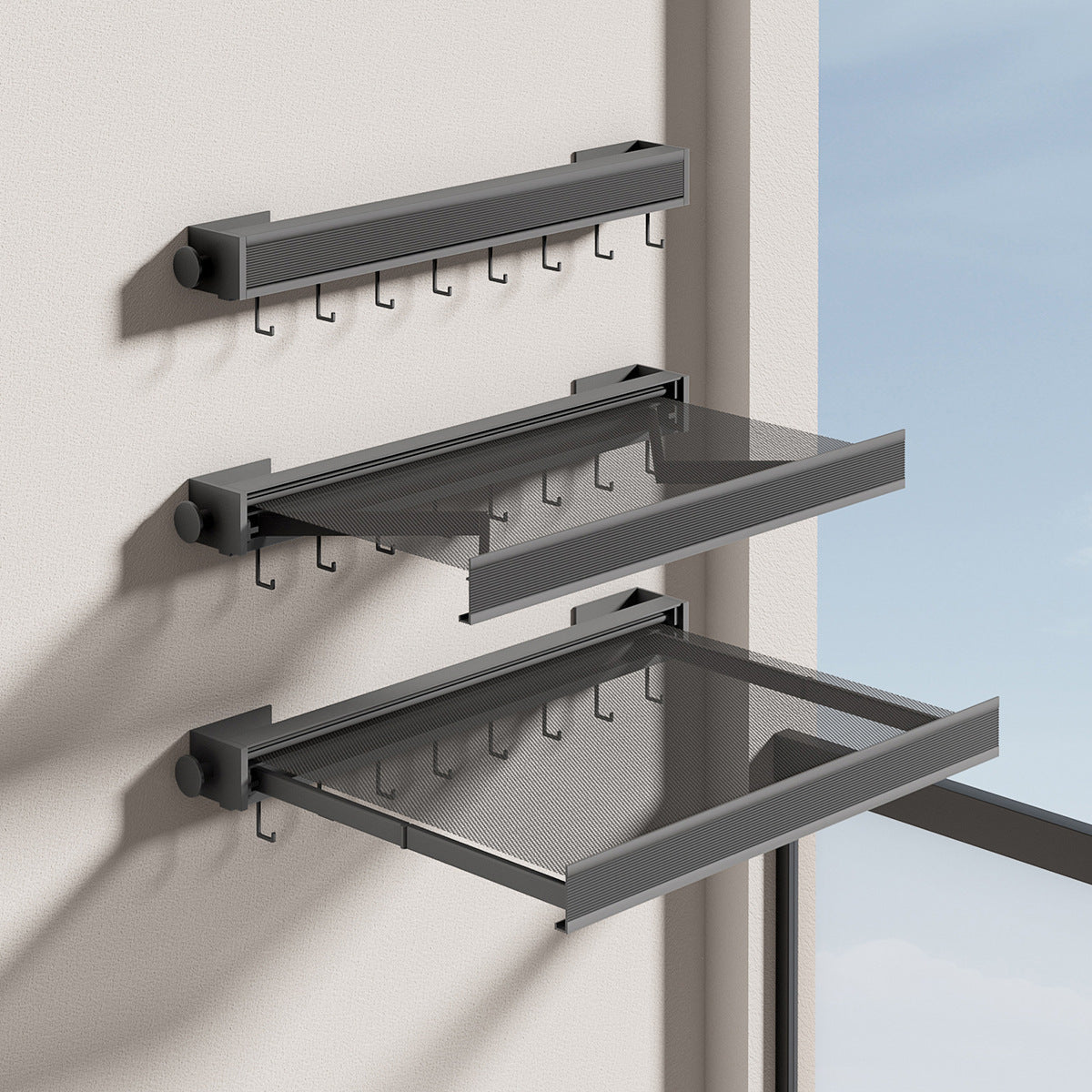 Wall-Mounted Clothes Drying Rack with Grid Shelf and Hook Rail – Space-Saving Laundry Solution