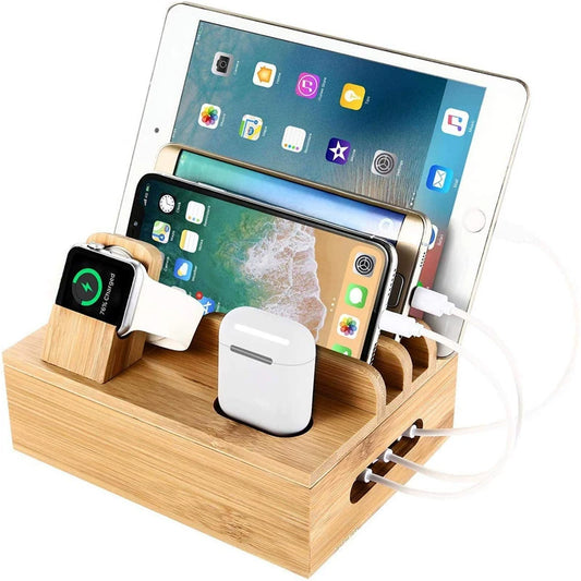 Tekavo Bamboo Charging Station – 5-Port USB Organiser with Cable Set