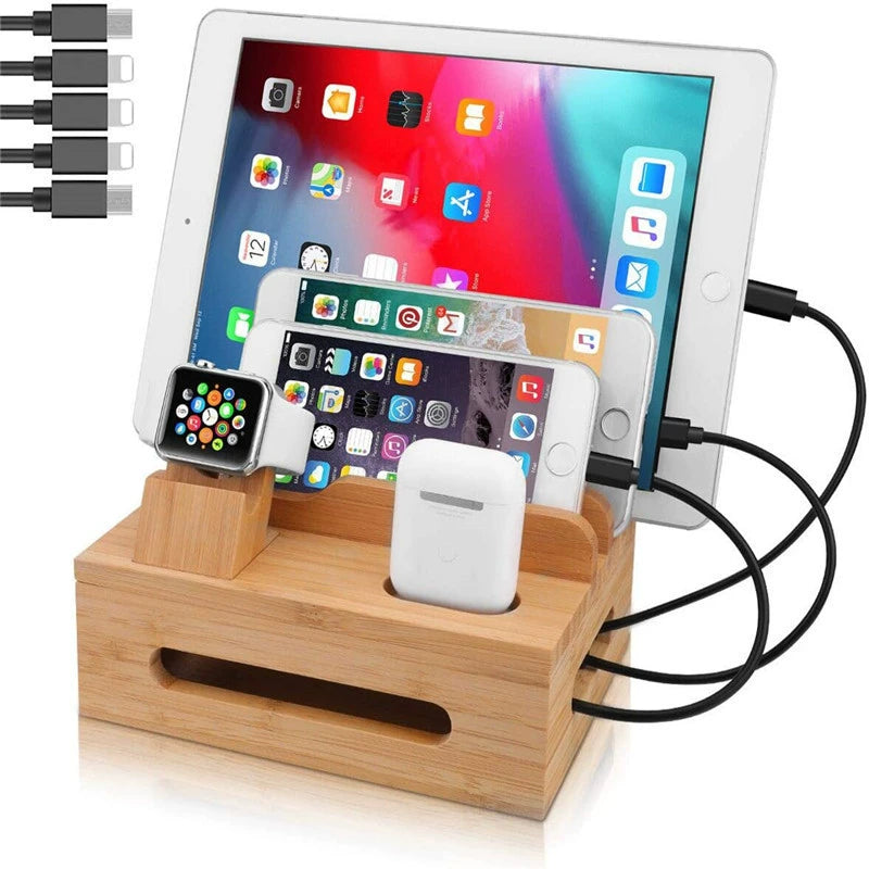 Tekavo Bamboo Charging Station – 5-Port USB Organiser with Cable Set