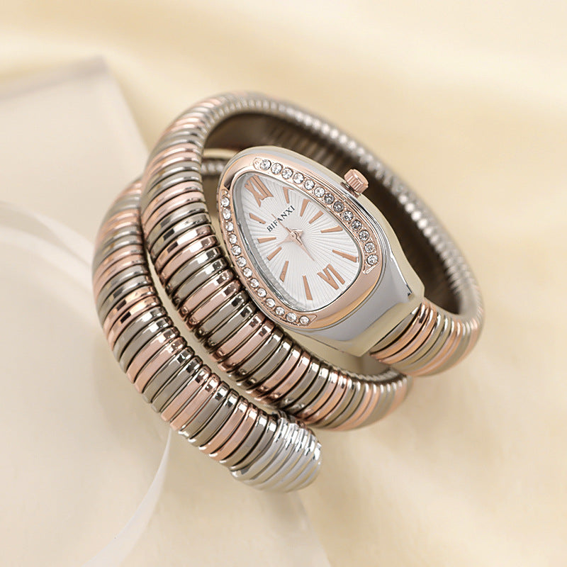 Elegant Snake-Style Quartz Watch with Stainless Steel Bracelet – Unique Oval Dial in Multiple Colours