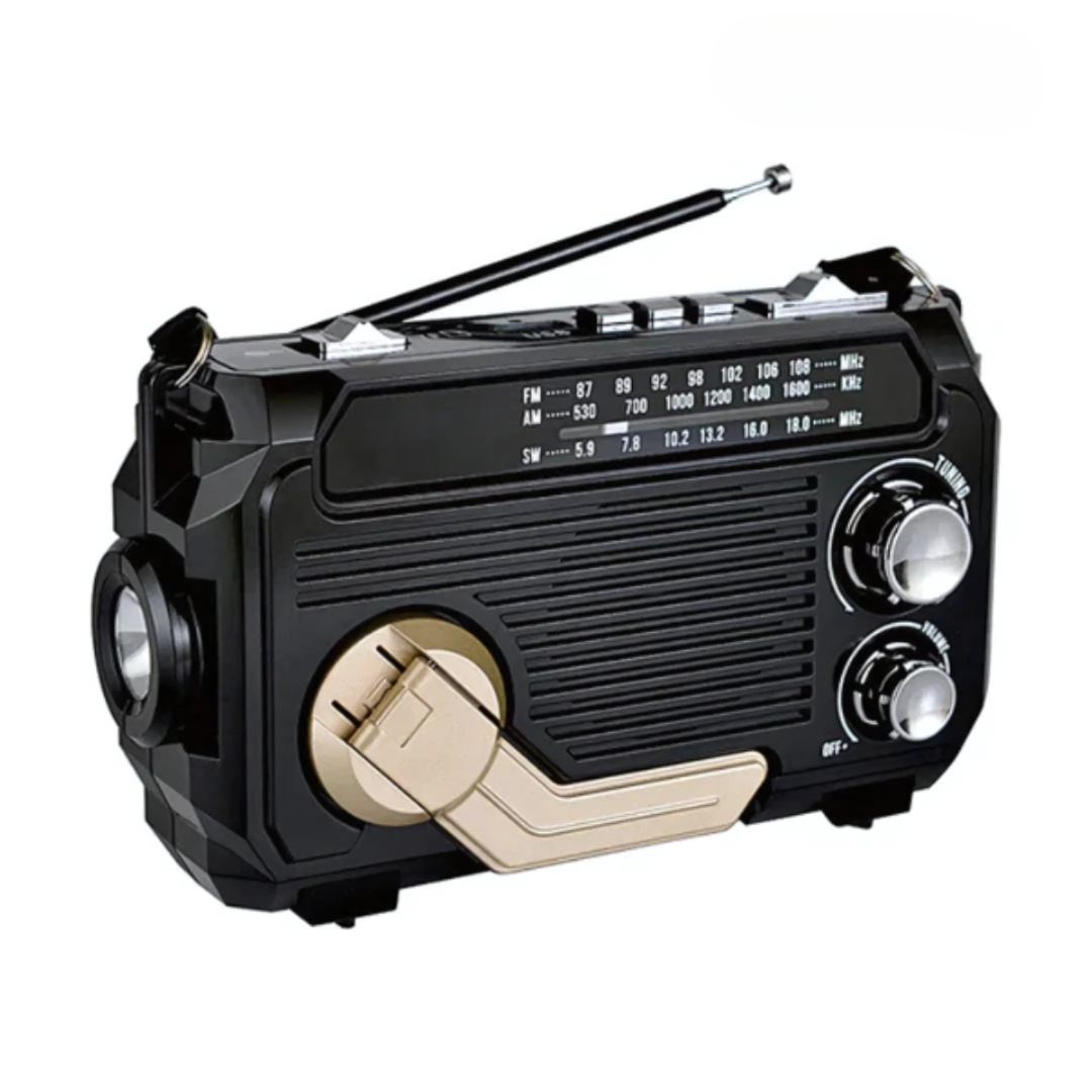 SafeWave Emergency Radio with Built-in Power Bank – Hand Crank, Solar & USB Charging, AM/FM, LED Torch & SOS Alert
