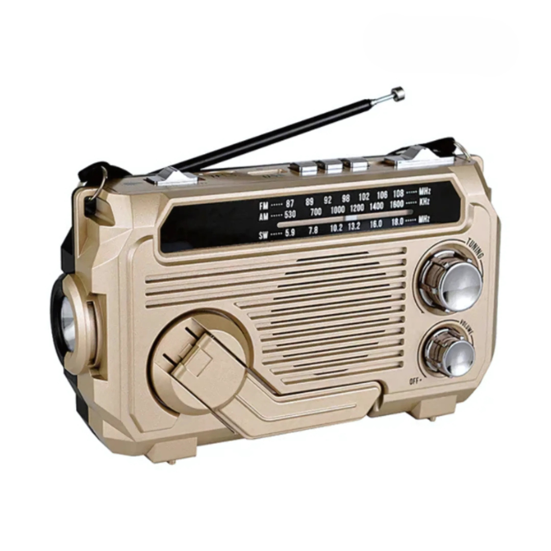 SafeWave Emergency Radio with Built-in Power Bank – Hand Crank, Solar & USB Charging, AM/FM, LED Torch & SOS Alert