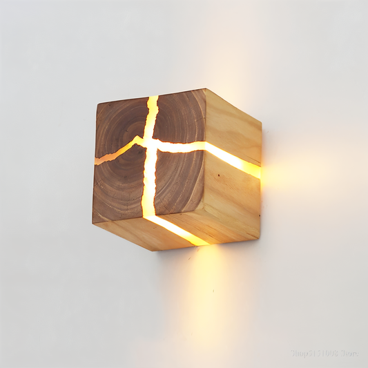 QuadCrackle Wooden Wall Light – Handcrafted LED Wall Lamp with Artistic Crackle Design
