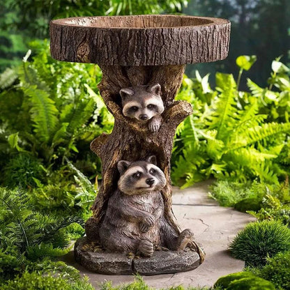 Vintage Garden Bird Bath – Polyresin Raccoon Design for Outdoor Charm