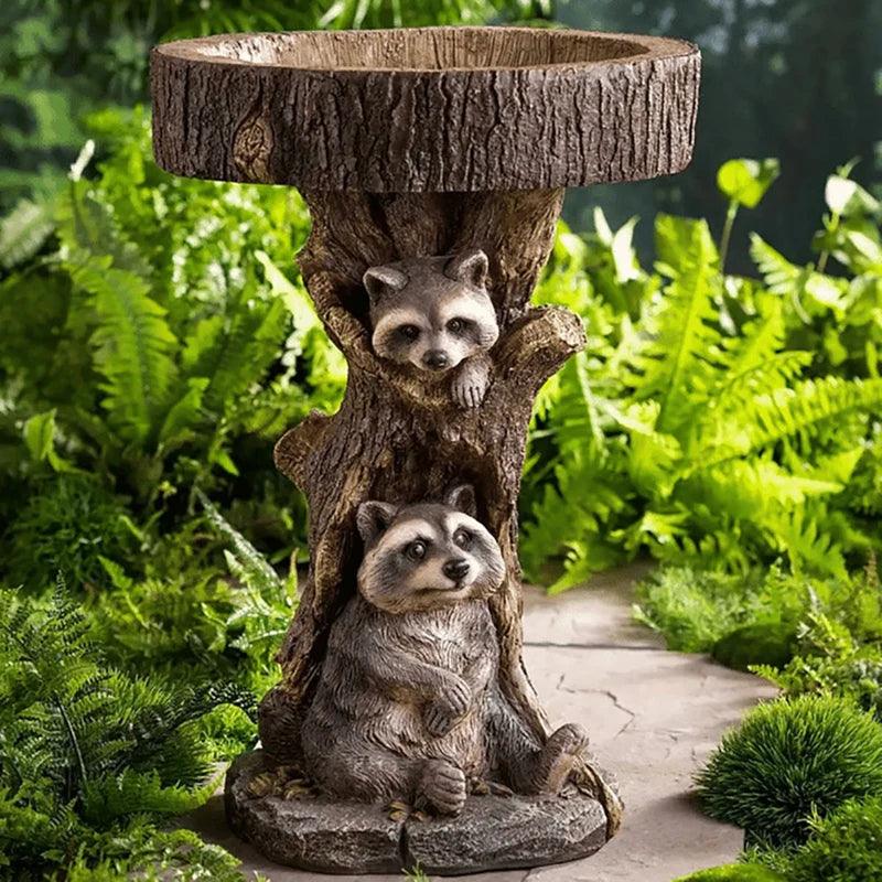Vintage Garden Bird Bath – Polyresin Raccoon Design for Outdoor Charm