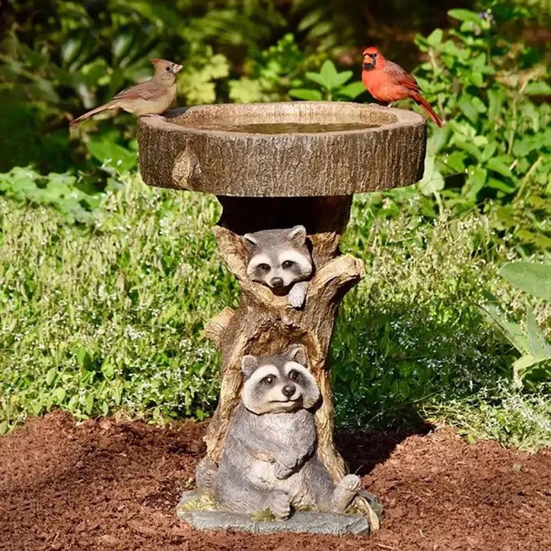 Vintage Garden Bird Bath – Polyresin Raccoon Design for Outdoor Charm