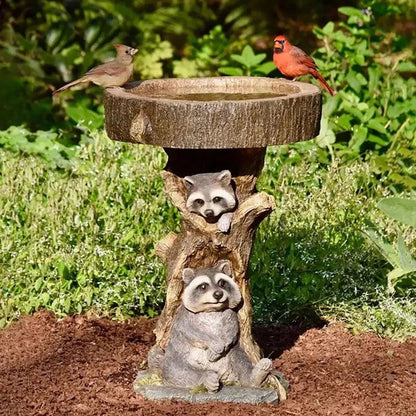 Vintage Garden Bird Bath – Polyresin Raccoon Design for Outdoor Charm