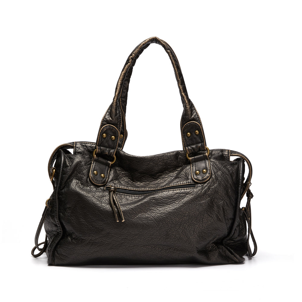Luxury Black Retro Shoulder Bag – Washed Leather Look with Adjustable Crossbody Strap