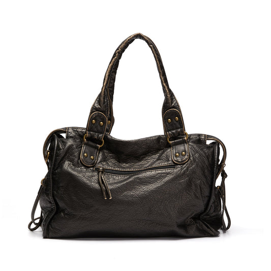 Luxury Black Retro Shoulder Bag – Washed Leather Look with Adjustable Crossbody Strap