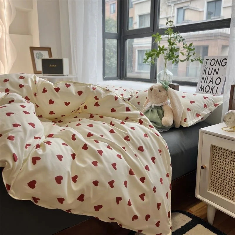 CozyLove | Twin, Full & Queen Duvet Cover Set – Soft Korean-Style Bedding with Heart Design