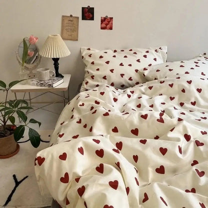 CozyLove | Twin, Full & Queen Duvet Cover Set – Soft Korean-Style Bedding with Heart Design