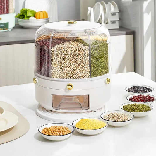 360° Rotating Food Storage Container with 6 Airtight Compartments – Dry Food & Rice Dispenser