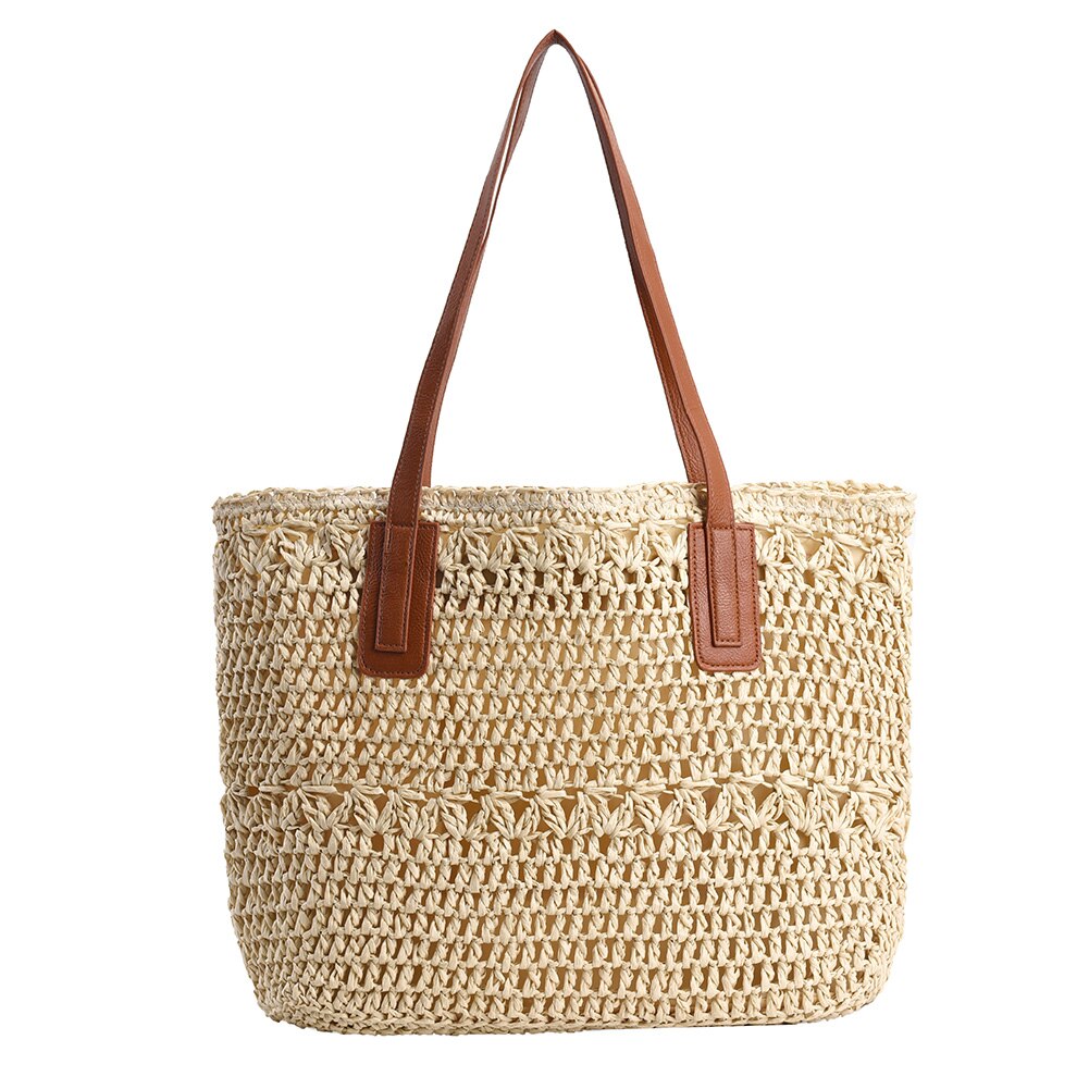 Genevieve | Chic Straw Tote Bag with Genuine Leather Straps – Elegant Summer Handbag