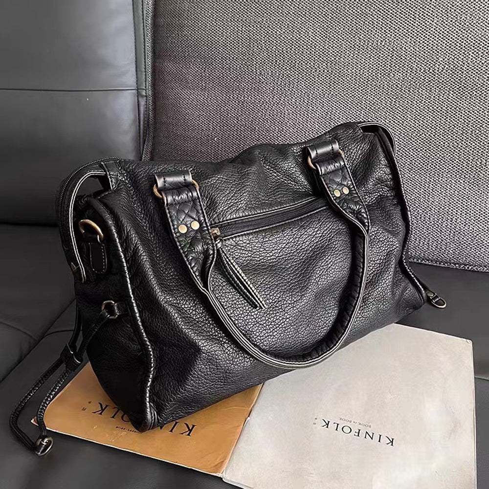 Luxury Black Retro Shoulder Bag – Washed Leather Look with Adjustable Crossbody Strap