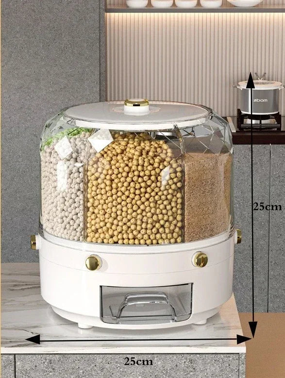360° Rotating Food Storage Container with 6 Airtight Compartments – Dry Food & Rice Dispenser