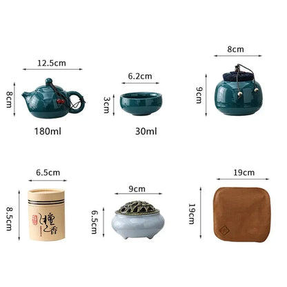 Traditional Chinese Ceramic Tea Set with Incense Burner – 4 Cup Portable Gongfu Set
