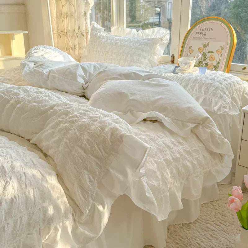 ELENA – Romantic Ruffled Bedding Set | Elegant Seersucker Duvet Cover Set