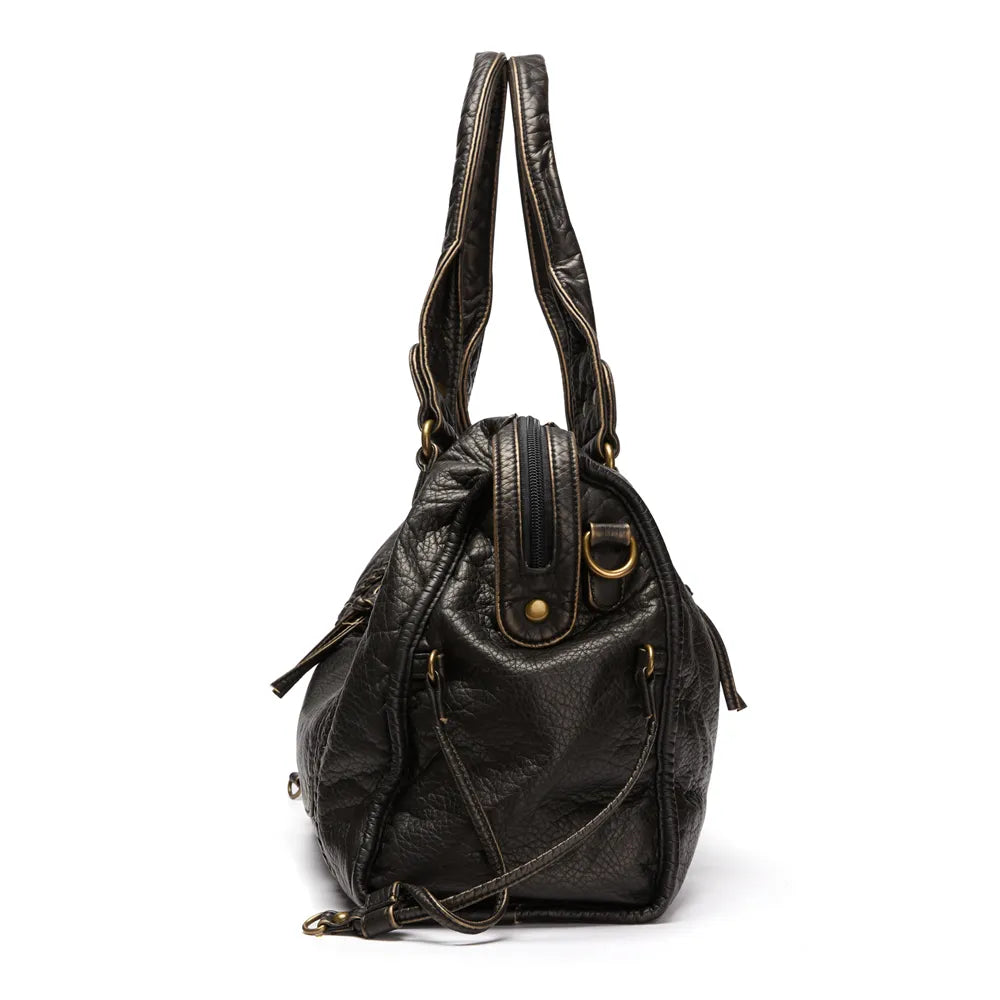 Luxury Black Retro Shoulder Bag – Washed Leather Look with Adjustable Crossbody Strap