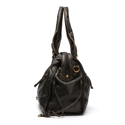 Luxury Black Retro Shoulder Bag – Washed Leather Look with Adjustable Crossbody Strap