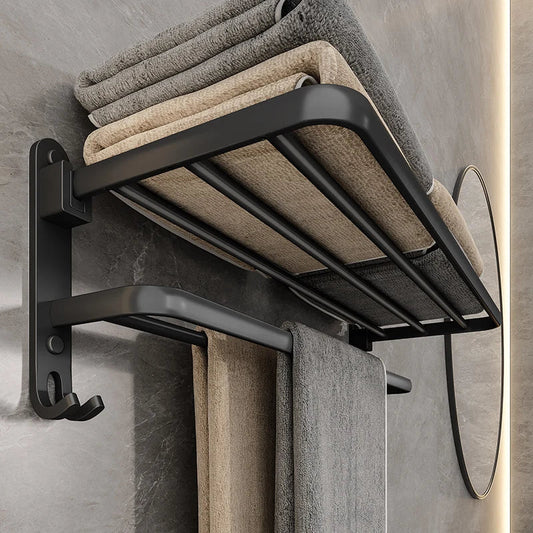 EasyFold Black Wall-Mounted Folding Towel Rack – Space-Saving & Stylish Bathroom Storage