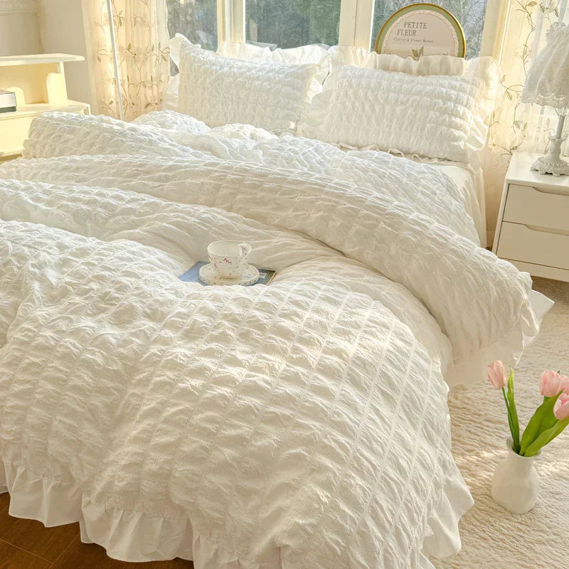 ELENA – Romantic Ruffled Bedding Set | Elegant Seersucker Duvet Cover Set