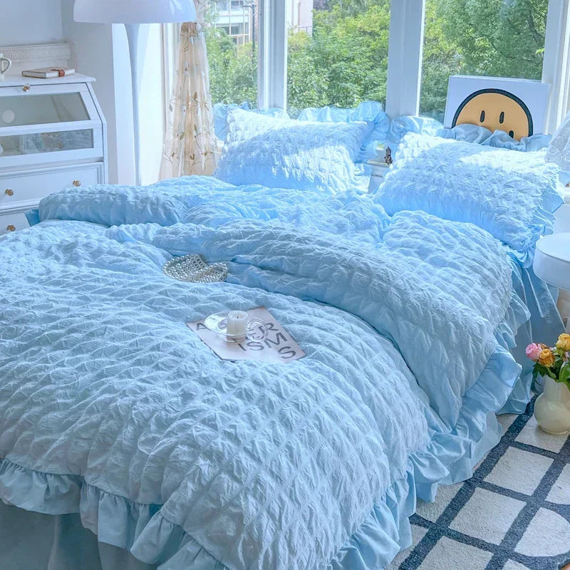 ELENA – Romantic Ruffled Bedding Set | Elegant Seersucker Duvet Cover Set