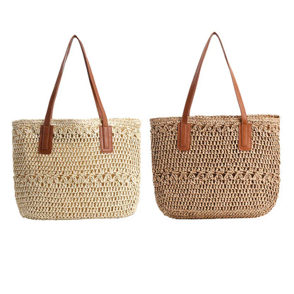 Genevieve | Chic Straw Tote Bag with Genuine Leather Straps – Elegant Summer Handbag