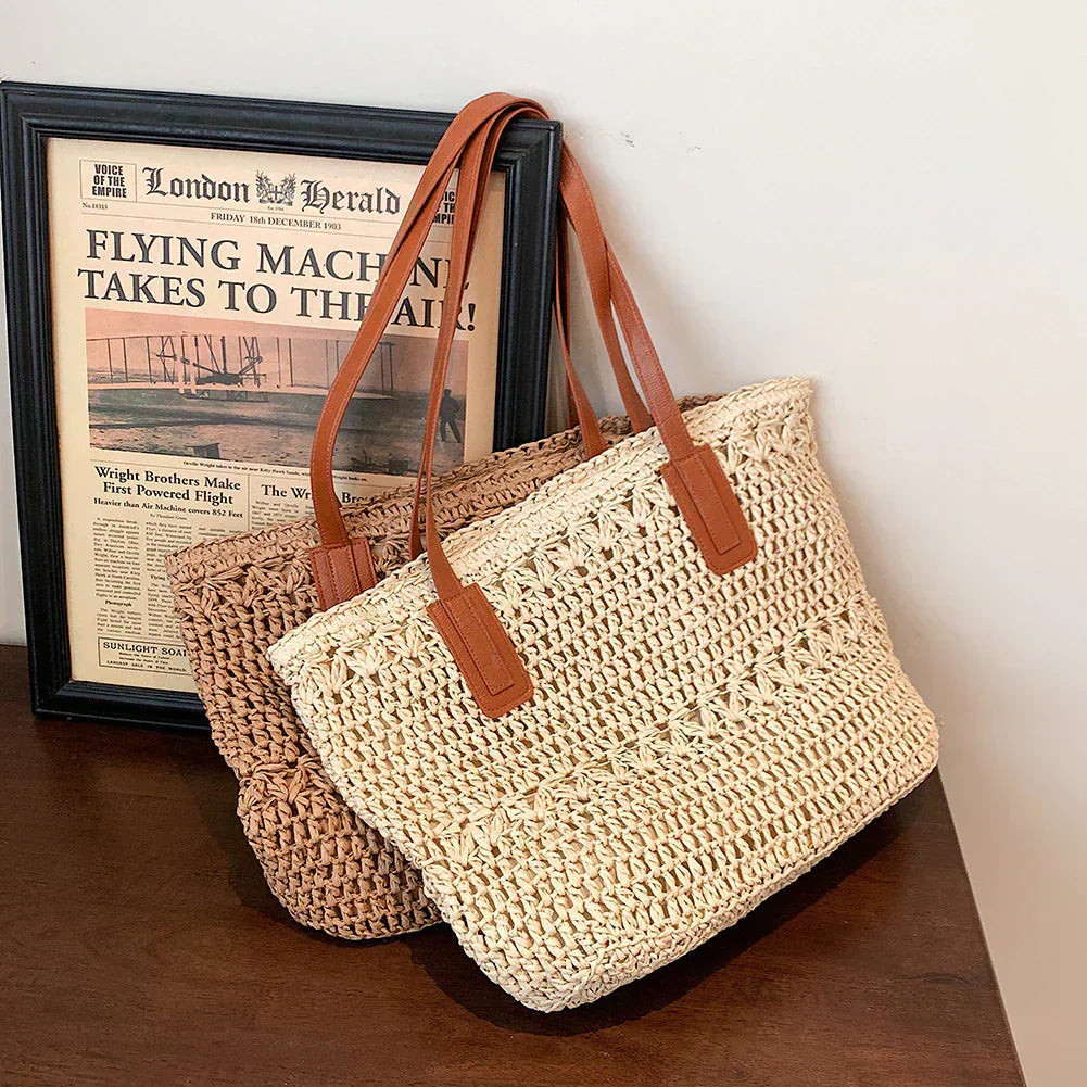 Genevieve | Chic Straw Tote Bag with Genuine Leather Straps – Elegant Summer Handbag