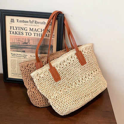 Genevieve | Chic Straw Tote Bag with Genuine Leather Straps – Elegant Summer Handbag