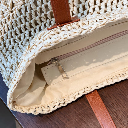 Genevieve | Chic Straw Tote Bag with Genuine Leather Straps – Elegant Summer Handbag